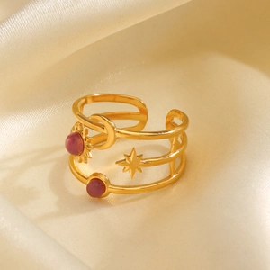 Bohemian gold celestial open ring featuring sun moon star motifs and purple beads