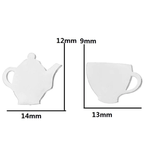 Asymmetric silver teapot and teacup stud earrings showing dimensions 14mm and 13mm