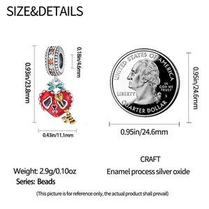 Detailed size chart for silver skull charm with enamel process and coin comparison