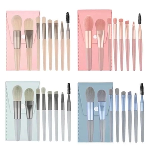 Set of 8 mini portable makeup brushes in four Morandi colors with matching storage bags