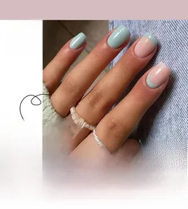 Short square press-on nails featuring a French tip design in green and pink pastel hues