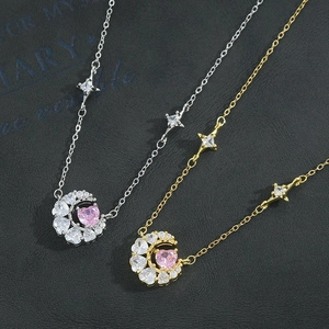 Star and moon gold plated necklaces with pink heart zircon and sparkling crystal stones