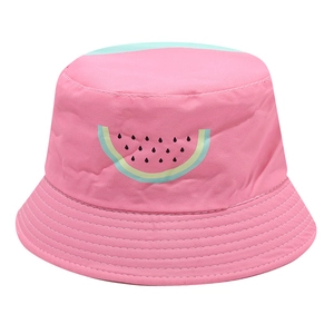 Pink kids sun hat with cartoon watermelon print made of durable cotton twill fabric