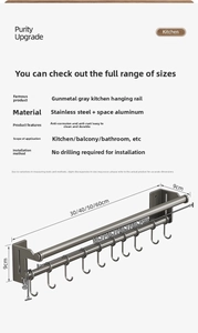 Detailed dimension chart for wall-mounted grey kitchen hook rack showing sizes and specs