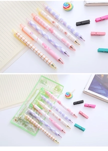 Detail of 6-piece cute cartoon gel pens set with soft pastel colors and checkerboard patterns