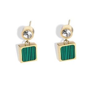 18K gold plated stainless steel drop earrings with natural malachite and zircon studs