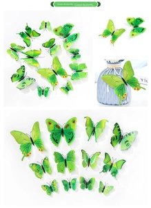 Detailed 3D green PVC butterfly stickers with realistic foldable wings for wall decor