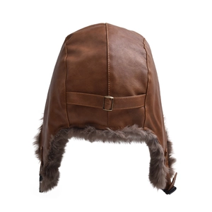 Detail of winter trapper hat back with adjustable metal buckle and grey faux fur lining