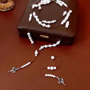 Gothic Long Pendant Necklace With Glass Cross And Imitation Artificial Pearl Beads Alloy Vintage Jewelry For Women Dark Style
