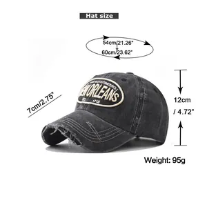 Size chart for washed cotton baseball cap showing adjustable circumference 54-60cm and visor