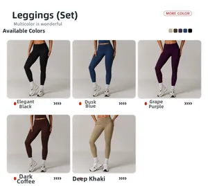 Collage of high-waist yoga leggings in black, blue, purple, brown and khaki colors