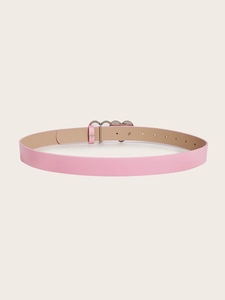 Detail of pink PU leather belt with decorative gold-tone double heart-shaped buckle