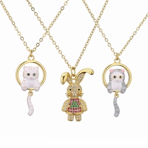 Copper Cubic Zirconia Enamel Pendant Necklace Rabbit Cat Animal Shape Minimalist Fashion Clavicle Chain For Women