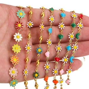 Bohemian colorful enamel heart and daisy flower gold plated bracelets for women