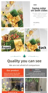 Detail of Christmas window stickers showing identical double-sided color and festive design