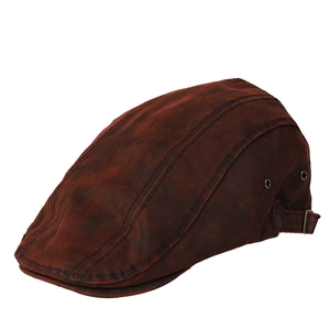 Vintage reddish brown distressed flat cap with top stitching and metal side eyelets