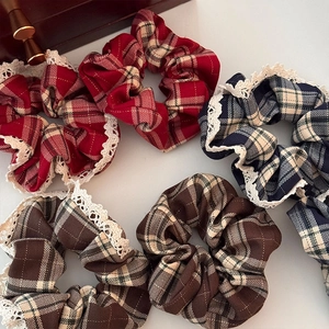 Red plaid hair scrunchies with white lace trim, festive checkered hair ties set