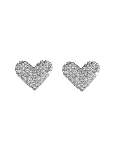 Close-up of sparkling heart-shaped stud earrings with pave-set clear cubic zirconia crystals