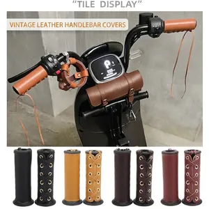 Retro Leather Handlebar Covers Lace Up Cross Tied Protective Grip For Motorcycle Electric Bike Bicycle Anti Slip Metal Buckle