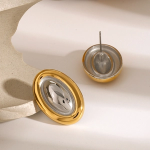 Boucles d'oreilles ovales bicolores en acier inoxydable or 18k et argent poli