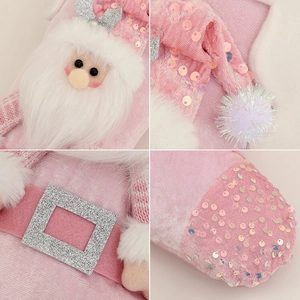 Pink sequin Christmas stocking with Santa motif and faux fur trim for festive decor