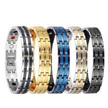 Detail showing five assorted colors of stainless steel magnetic therapy bracelets for men