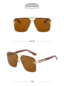 Detailed front and side views of gold metal semi-rimless sunglasses with brown lenses