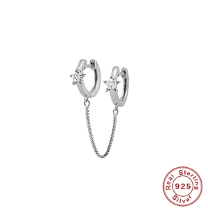 925 sterling silver double piercing hoop earrings with star charms and delicate chain