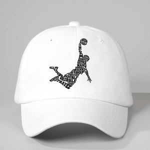 White baseball cap featuring a minimalist basketball dunk silhouette made of sports text