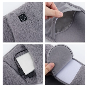 Detailed four-view of grey plush heated waist belt with USB port and velcro closure