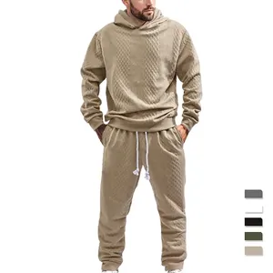 Men Hooded Pullover Hoodie And Pants Jacquard Knitted Diamond Texture Casual Sporty Tracksuit Outfits