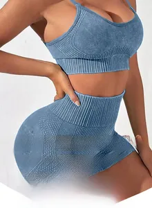 Detailed texture of seamless washed denim blue yoga set with ribbed waistband