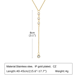 Detailed size chart of a gold Y-shaped stainless steel necklace with CZ zircons