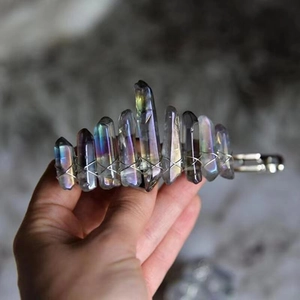 Handmade bohemian hair clip with iridescent natural crystals and wire wrap detail