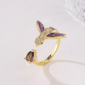 Hummingbird Rabbit Open Ring Copper 18K Gold Plated Enamel Zircon Animal Adjustable Fashion Jewelry For Women