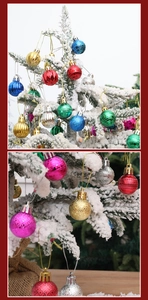 Close-up of colorful textured Christmas balls hanging on a snow-covered pine tree branch