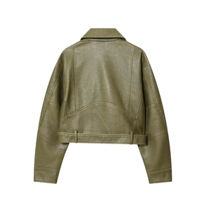 Olive green faux leather biker jacket for women featuring a back view with belted hem