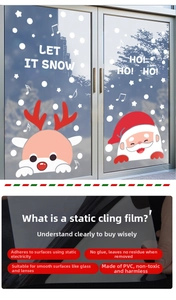 Detail of Santa Claus and reindeer static window decals on a smooth festive glass surface
