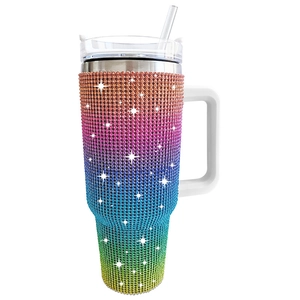 Rainbow gradient 40oz rhinestone tumbler with cow print cowhide texture and straw
