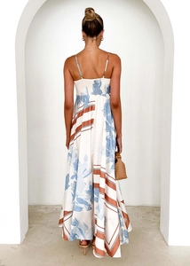 Back view detail of floral print summer dress with crisscross straps and elastic waist