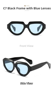 Close-up of hip hop style chunky black irregular frame sunglasses with light blue lenses
