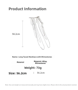 Detailed view of silver rhinestone long fringe necklace dimensions and alloy materials