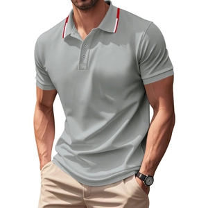Close-up of grey short-sleeved polo shirt with red and white striped collar detailing