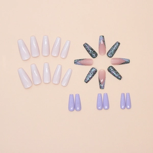 24pcs long coffin press-on nails with French gradient and glitter finishes