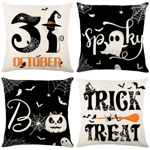 Set of four Halloween linen pillow covers with spooky ghosts, black cats, and pumpkin designs