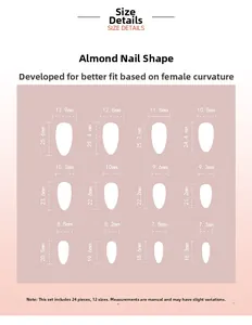Size guide for almond press-on nails showing 24 pieces in 12 different dimensions in mm