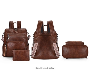 Detail view of brown vintage backpack set with ethnic pattern straps and small pouch