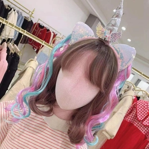 Unicorn headband with silver horn, glitter ears and long pink-blue gradient curly wig
