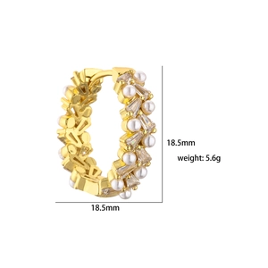 Gold-plated brass hoop earrings with micro-paved zircons and white pearls, 18.5mm size