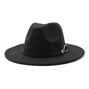 Classic black wool fedora hat with a wide brim and gold buckle belt detail for adults